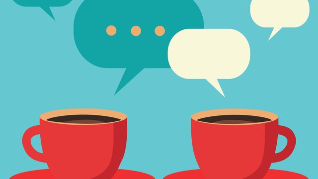 Two coffee cups with speech bubbles